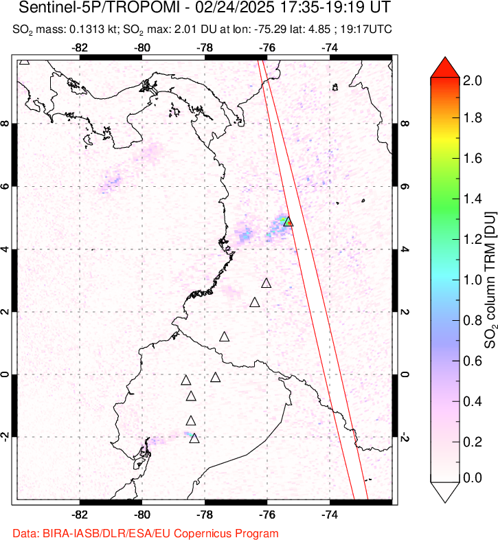 A sulfur dioxide image over Ecuador on Feb 24, 2025.