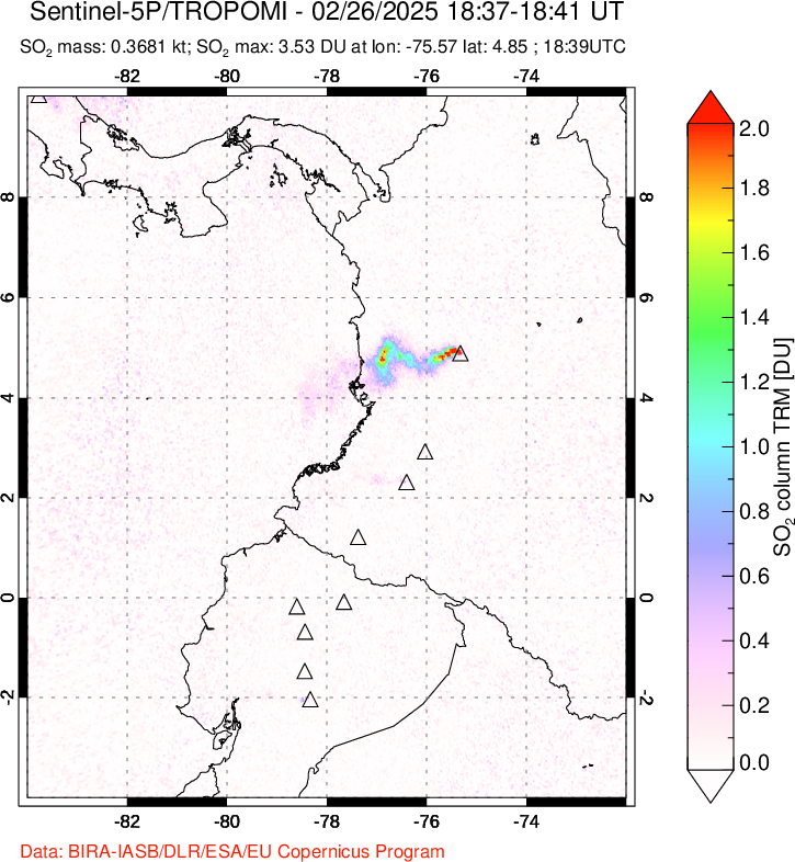 A sulfur dioxide image over Ecuador on Feb 26, 2025.