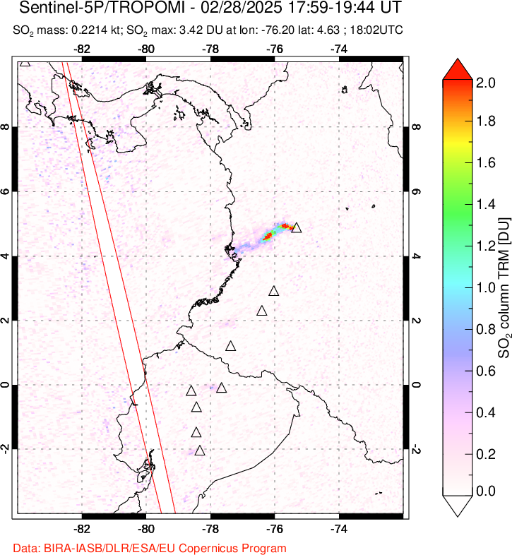 A sulfur dioxide image over Ecuador on Feb 28, 2025.