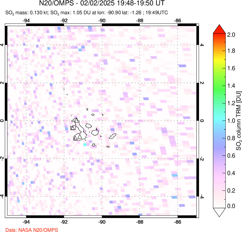 A sulfur dioxide image over Galápagos Islands on Feb 02, 2025.