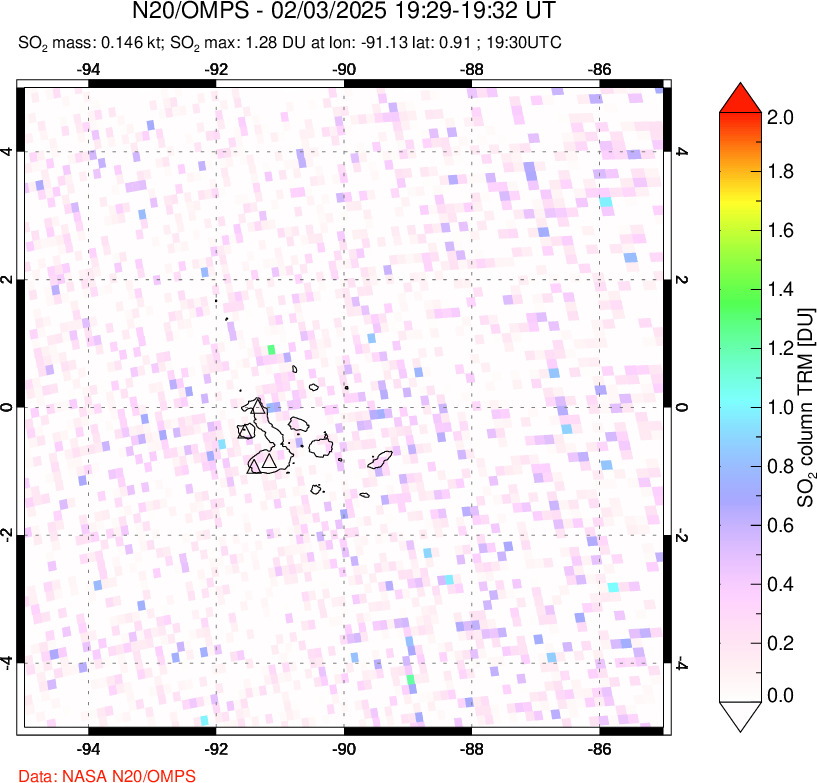 A sulfur dioxide image over Galápagos Islands on Feb 03, 2025.