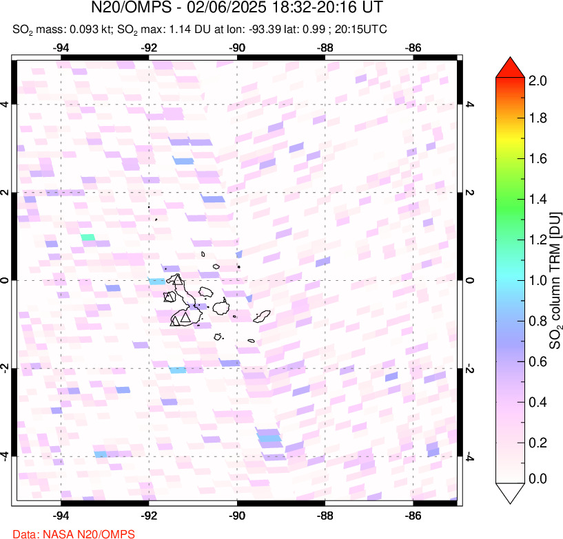 A sulfur dioxide image over Galápagos Islands on Feb 06, 2025.