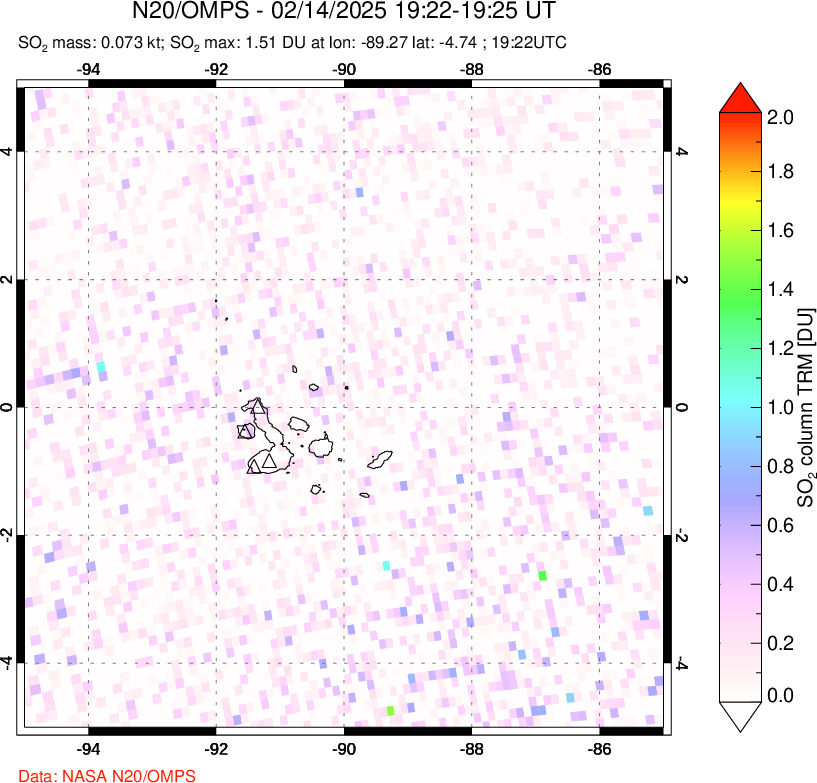 A sulfur dioxide image over Galápagos Islands on Feb 14, 2025.