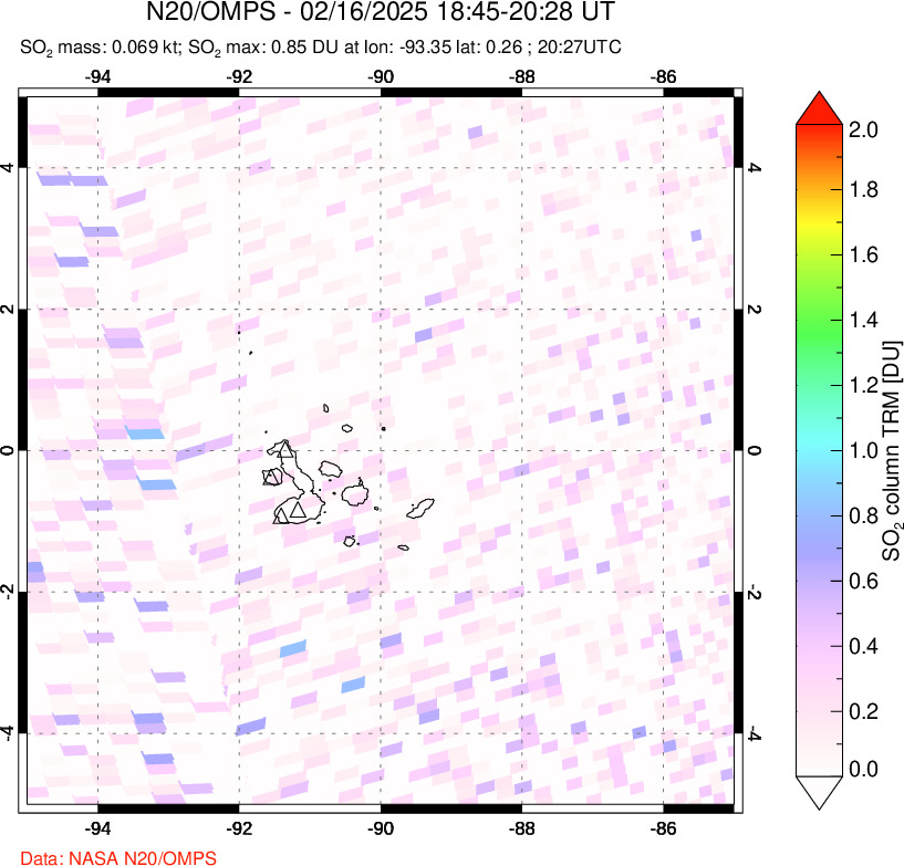 A sulfur dioxide image over Galápagos Islands on Feb 16, 2025.