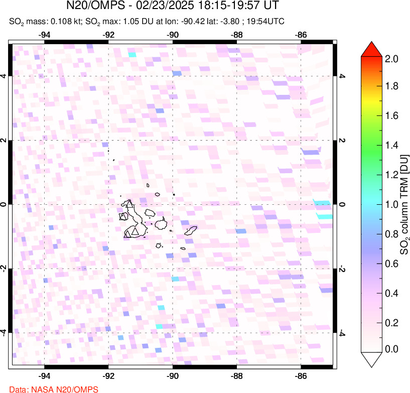 A sulfur dioxide image over Galápagos Islands on Feb 23, 2025.