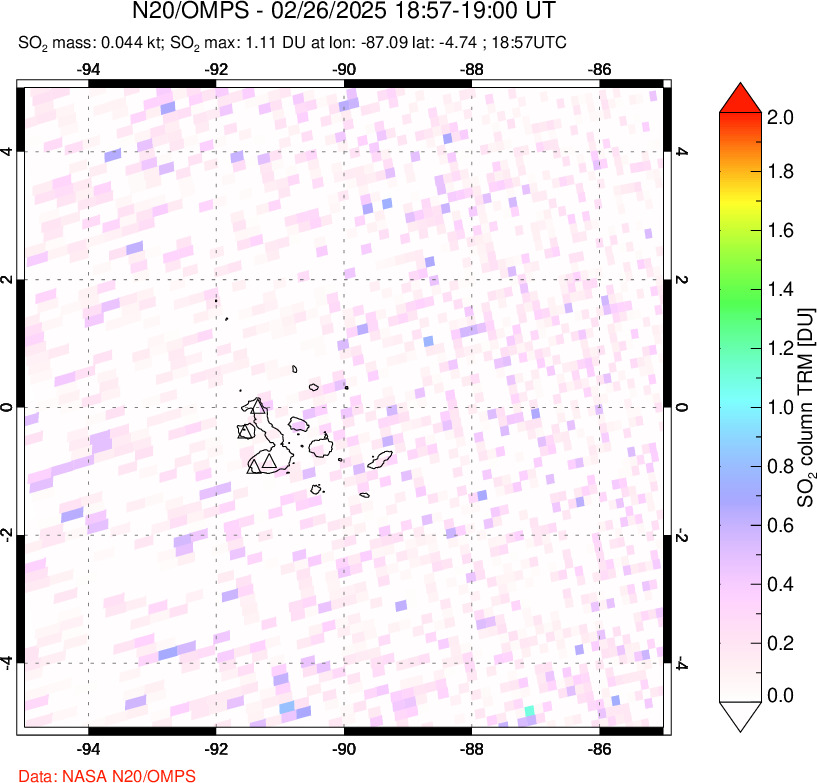 A sulfur dioxide image over Galápagos Islands on Feb 26, 2025.