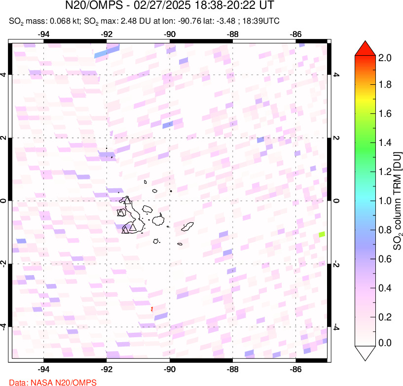 A sulfur dioxide image over Galápagos Islands on Feb 27, 2025.