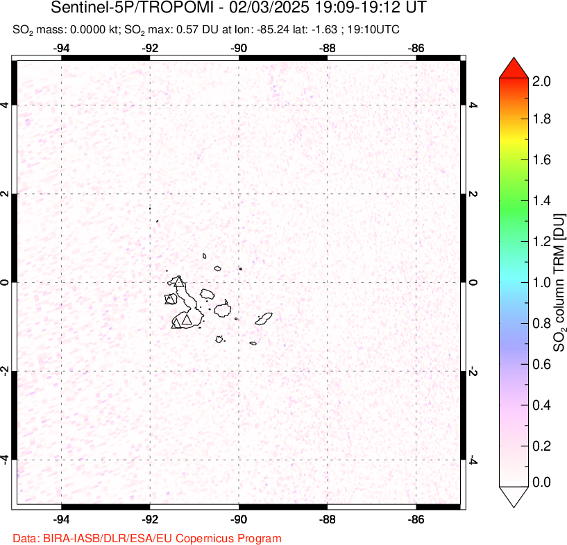 A sulfur dioxide image over Galápagos Islands on Feb 03, 2025.