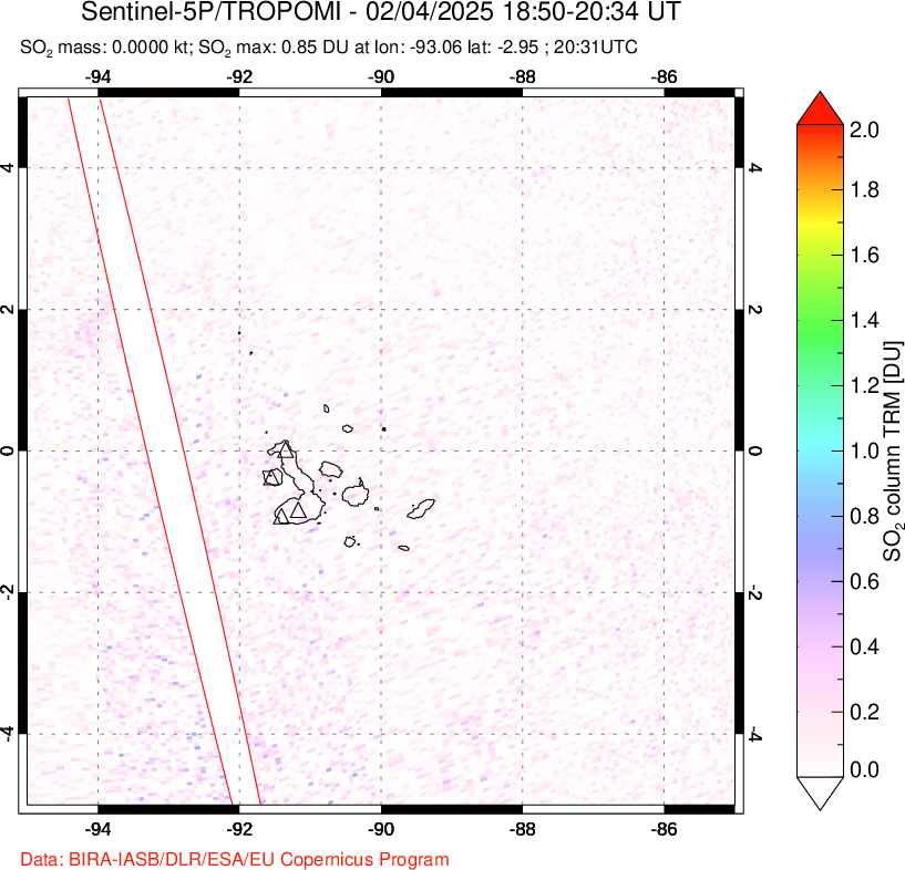 A sulfur dioxide image over Galápagos Islands on Feb 04, 2025.