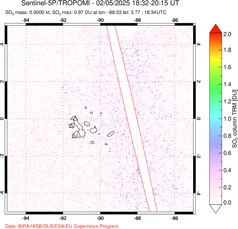 A sulfur dioxide image over Galápagos Islands on Feb 05, 2025.