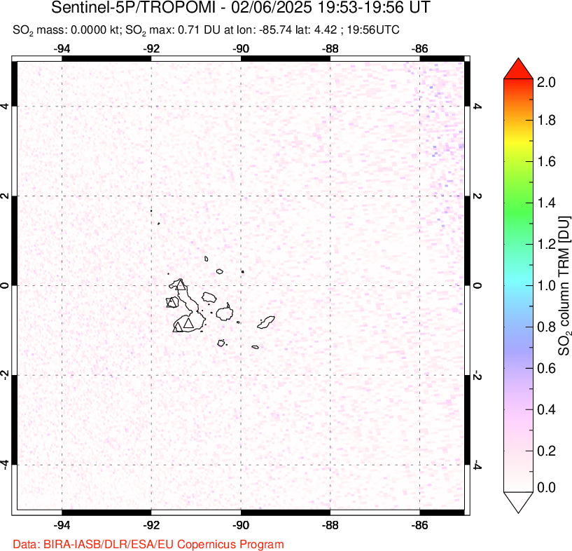 A sulfur dioxide image over Galápagos Islands on Feb 06, 2025.