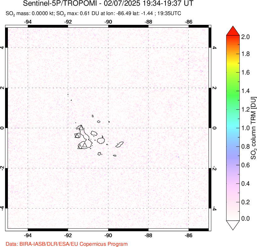 A sulfur dioxide image over Galápagos Islands on Feb 07, 2025.