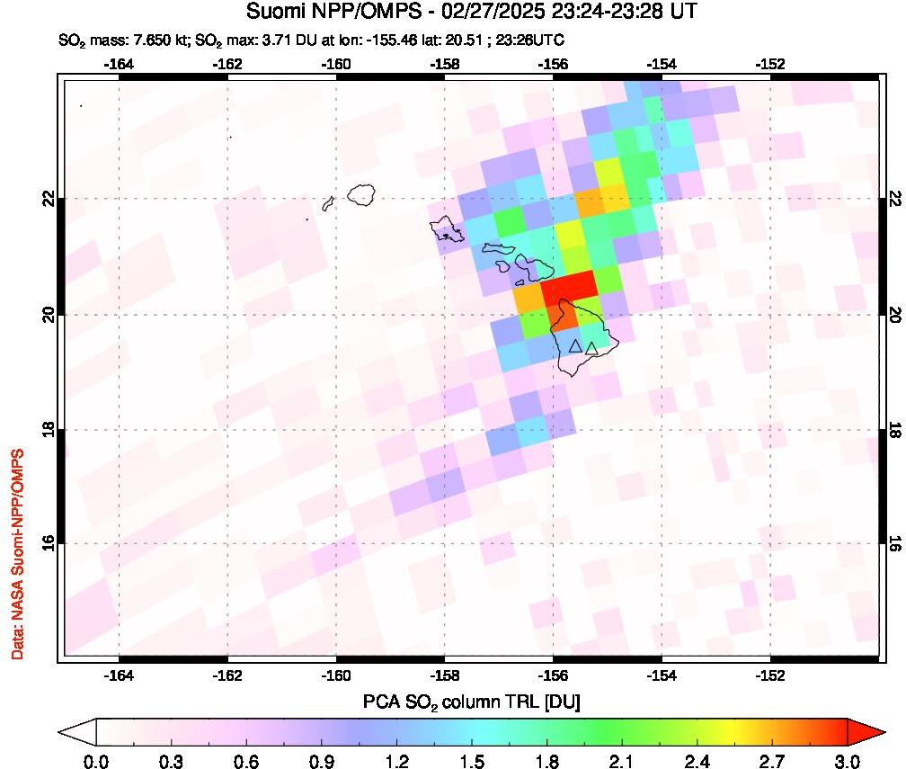 A sulfur dioxide image over Hawaii, USA on Feb 27, 2025.