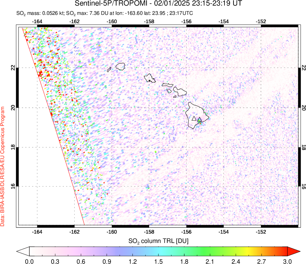 A sulfur dioxide image over Hawaii, USA on Feb 01, 2025.