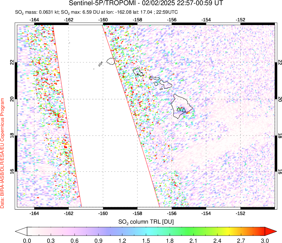 A sulfur dioxide image over Hawaii, USA on Feb 02, 2025.