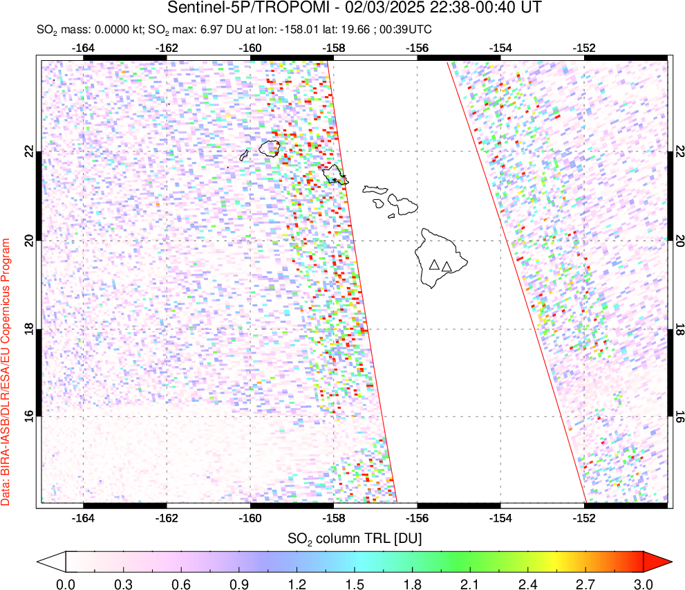 A sulfur dioxide image over Hawaii, USA on Feb 03, 2025.