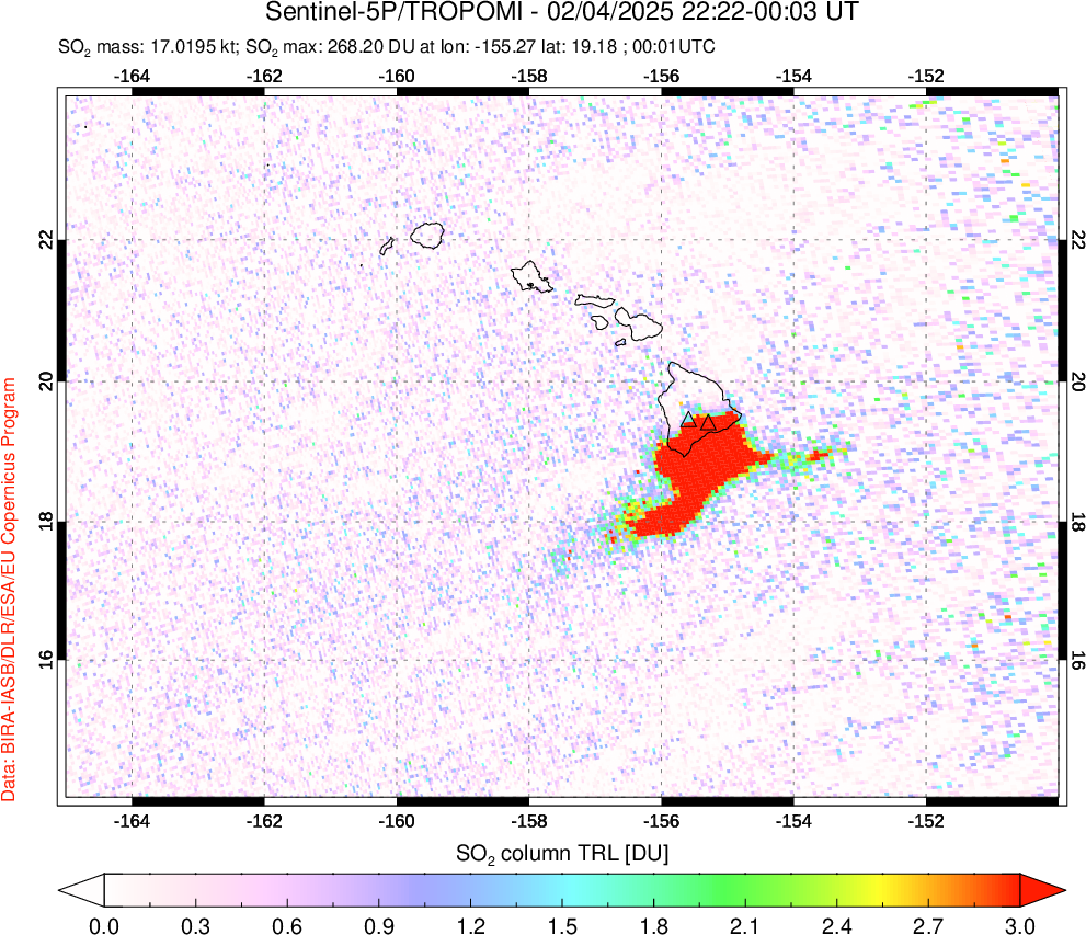 A sulfur dioxide image over Hawaii, USA on Feb 04, 2025.