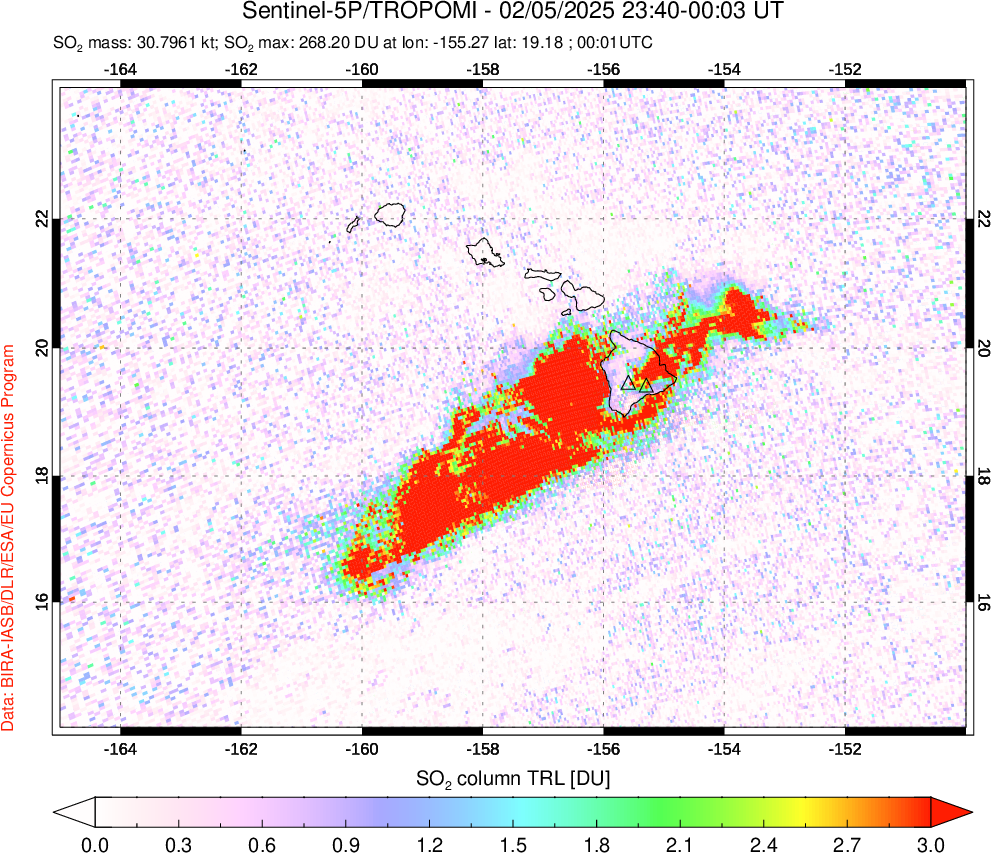 A sulfur dioxide image over Hawaii, USA on Feb 05, 2025.