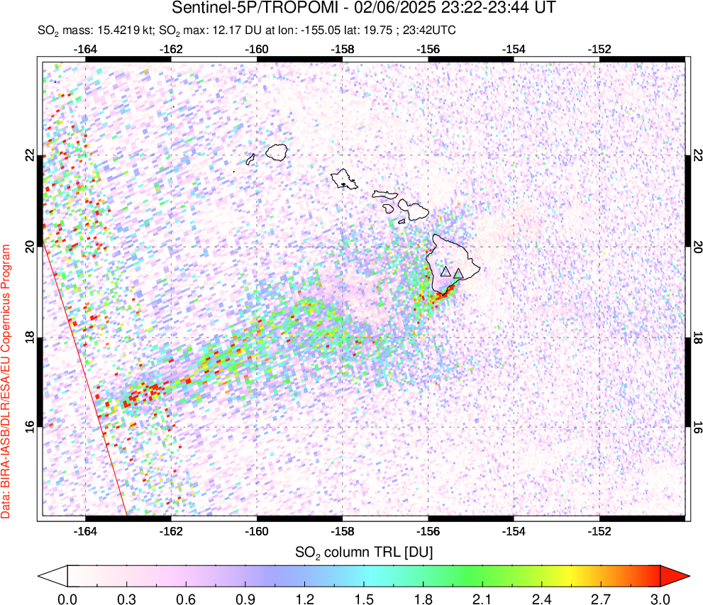 A sulfur dioxide image over Hawaii, USA on Feb 06, 2025.