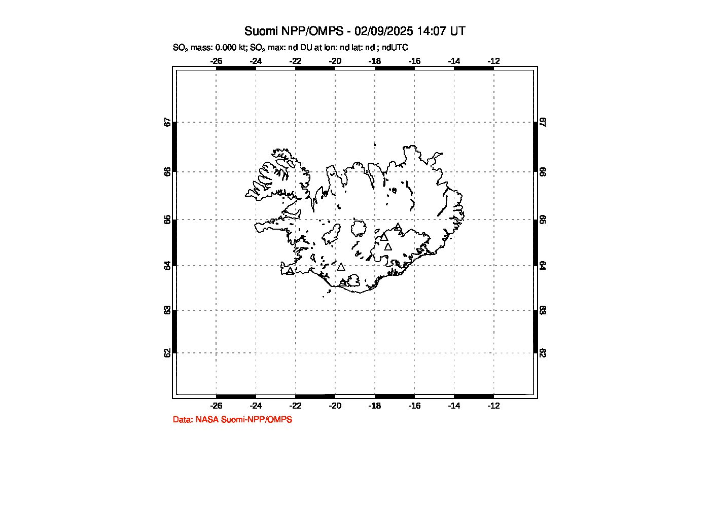 A sulfur dioxide image over Iceland on Feb 09, 2025.