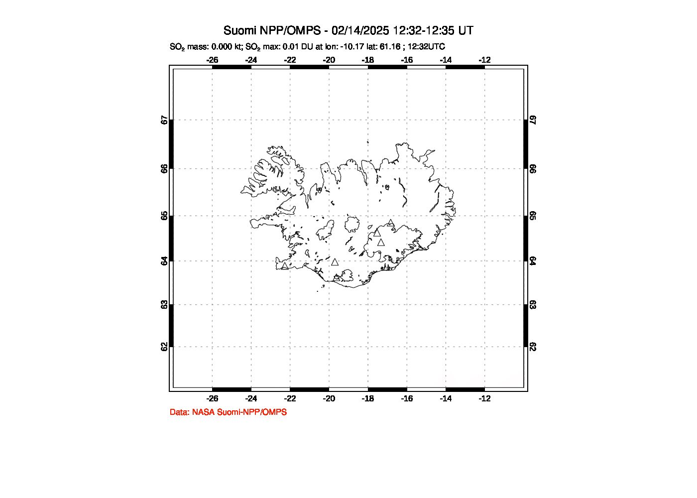 A sulfur dioxide image over Iceland on Feb 14, 2025.