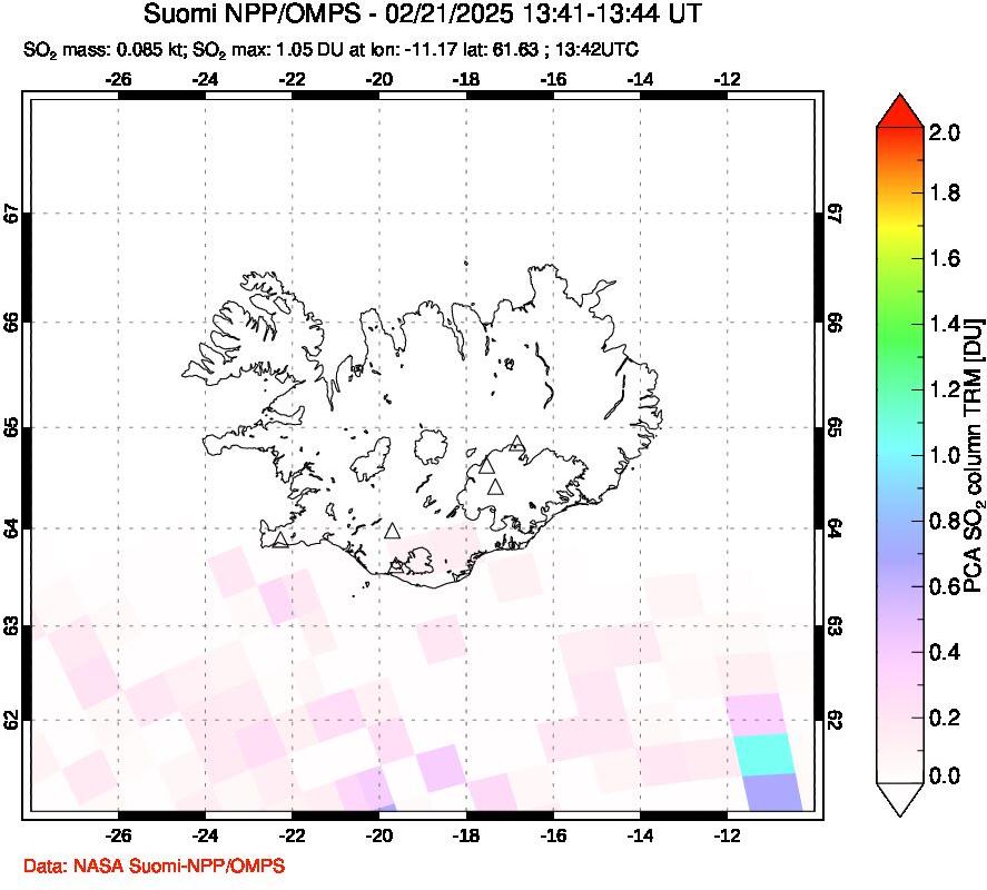 A sulfur dioxide image over Iceland on Feb 21, 2025.