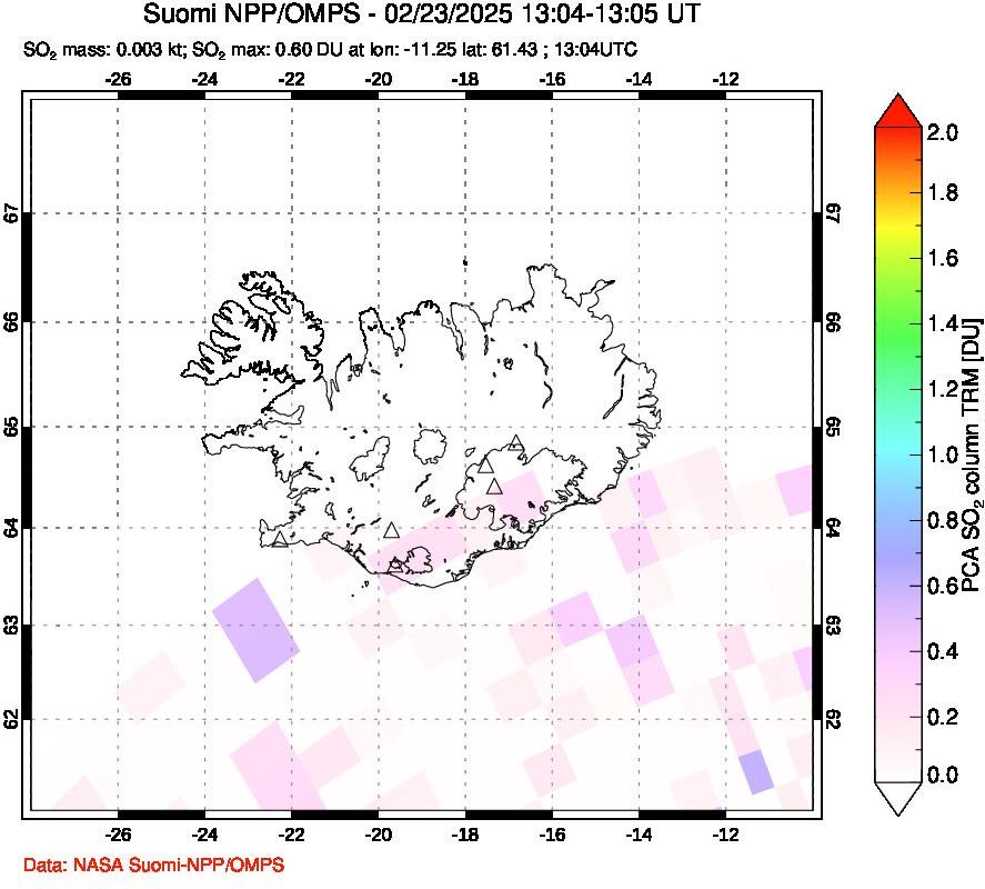 A sulfur dioxide image over Iceland on Feb 23, 2025.