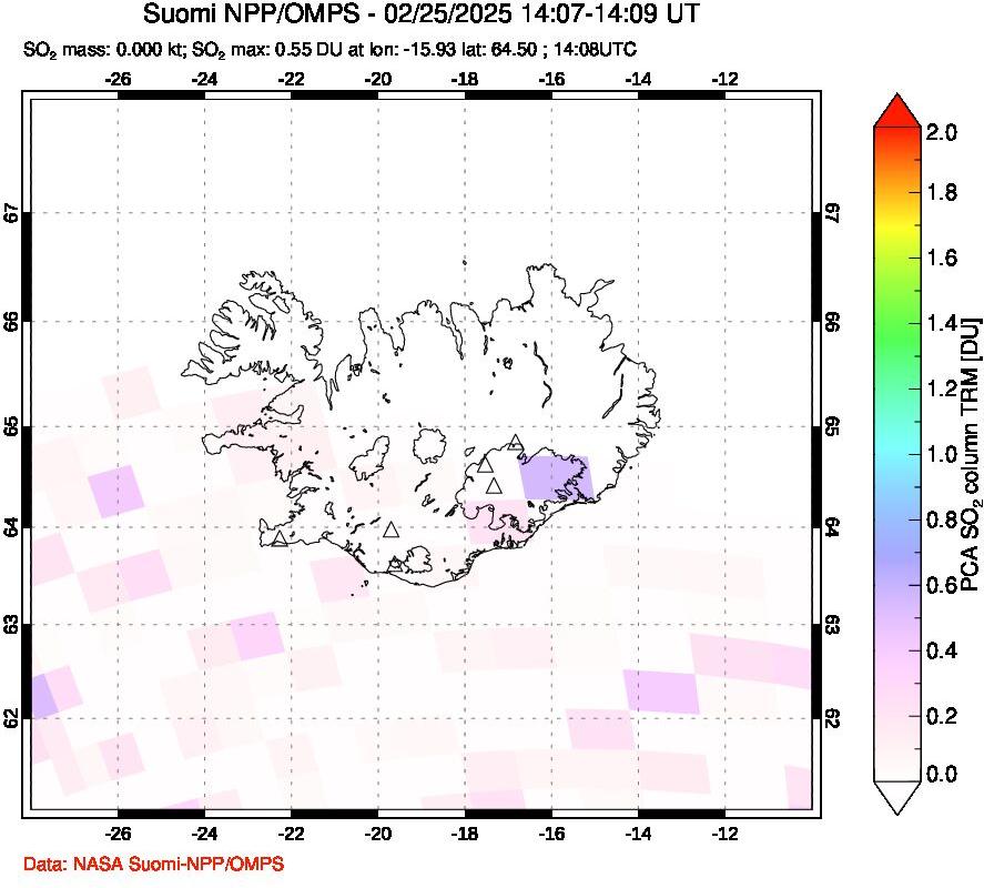 A sulfur dioxide image over Iceland on Feb 25, 2025.