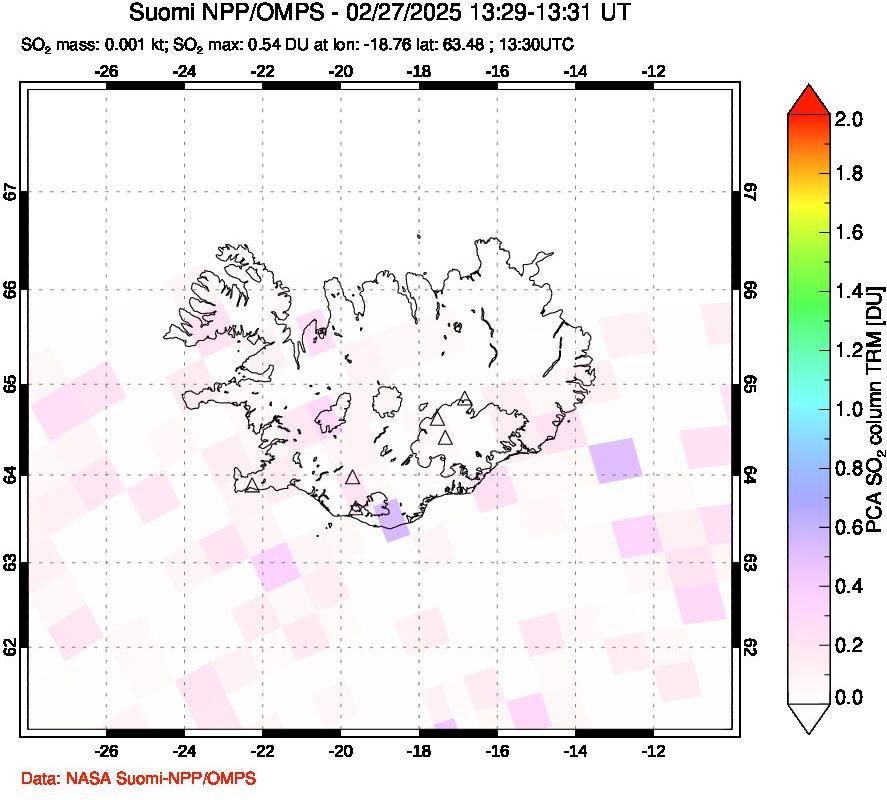 A sulfur dioxide image over Iceland on Feb 27, 2025.