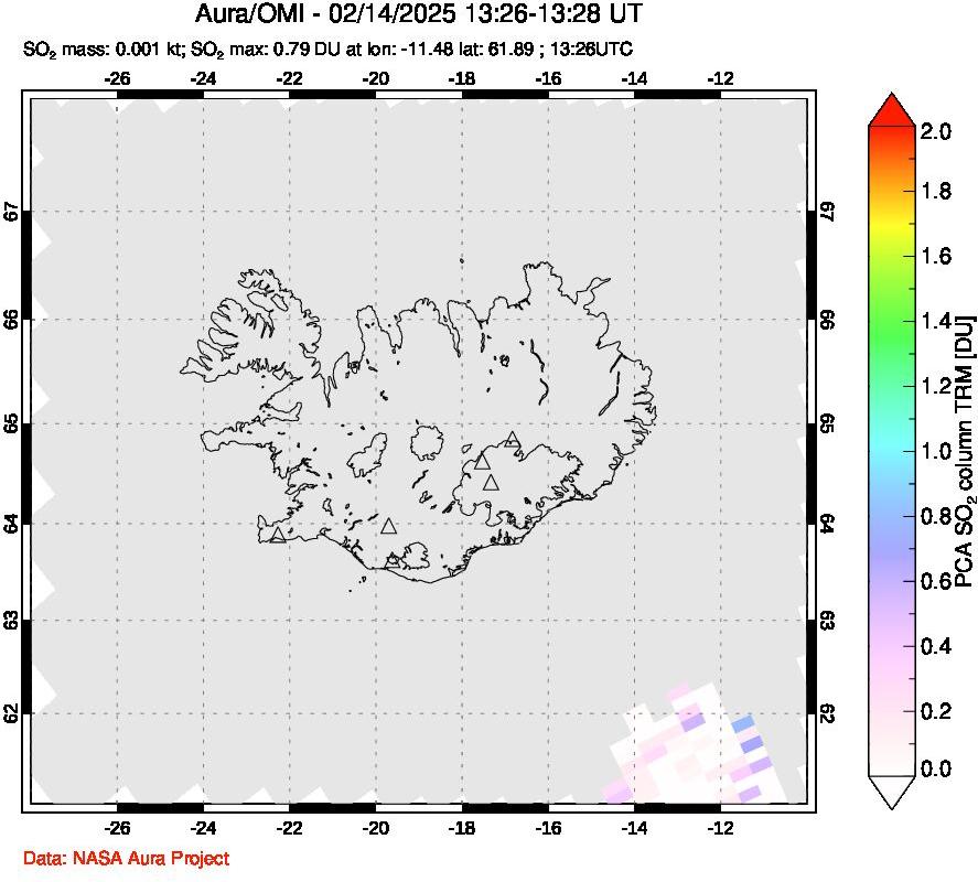 A sulfur dioxide image over Iceland on Feb 14, 2025.