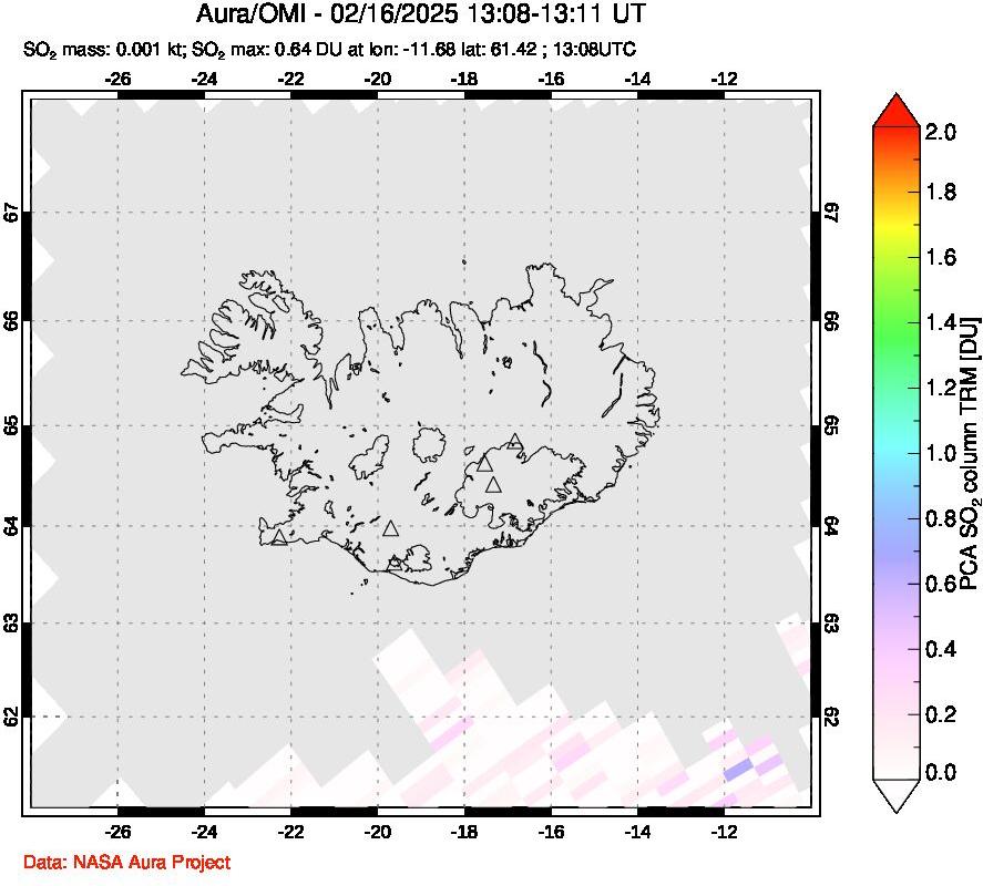 A sulfur dioxide image over Iceland on Feb 16, 2025.