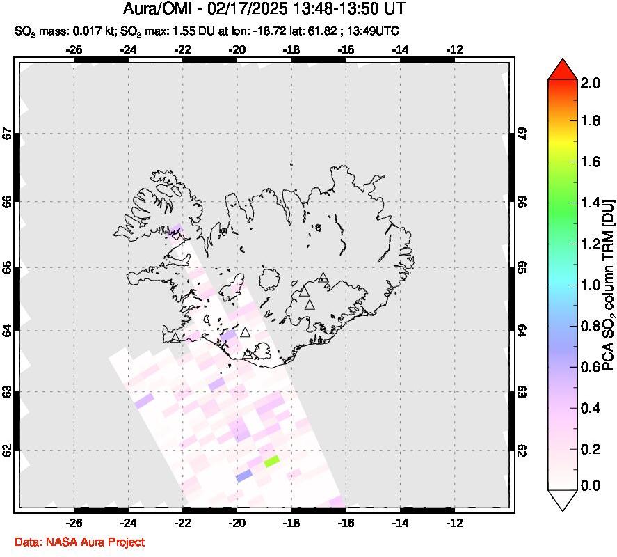 A sulfur dioxide image over Iceland on Feb 17, 2025.