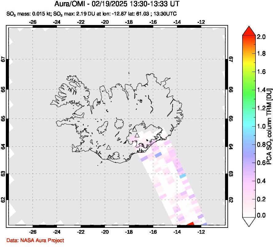 A sulfur dioxide image over Iceland on Feb 19, 2025.