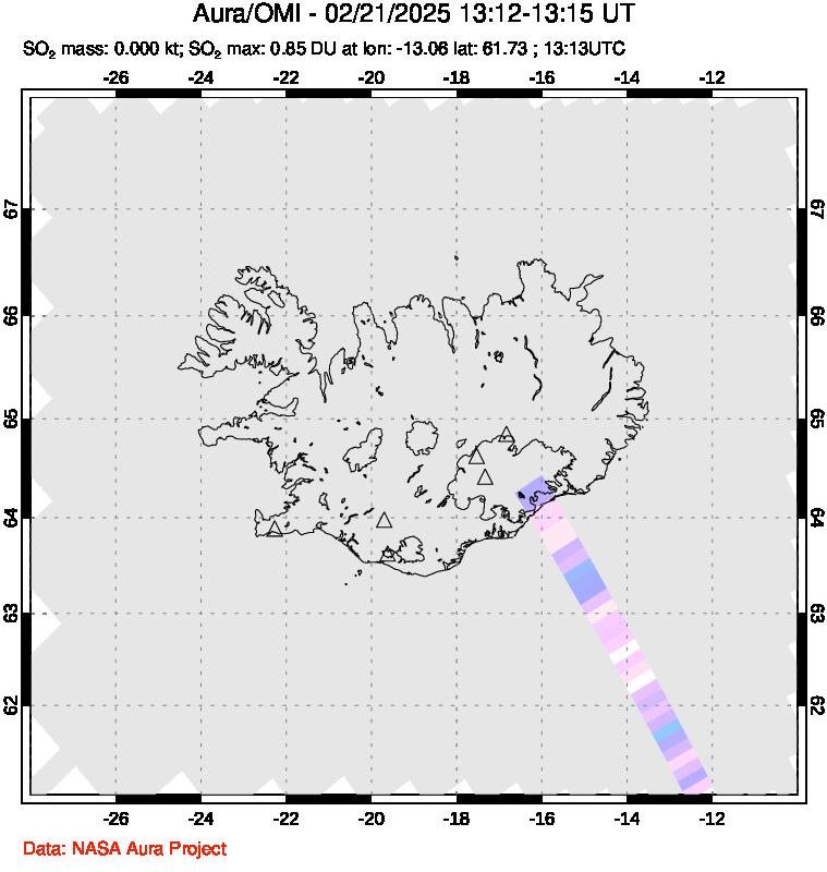 A sulfur dioxide image over Iceland on Feb 21, 2025.