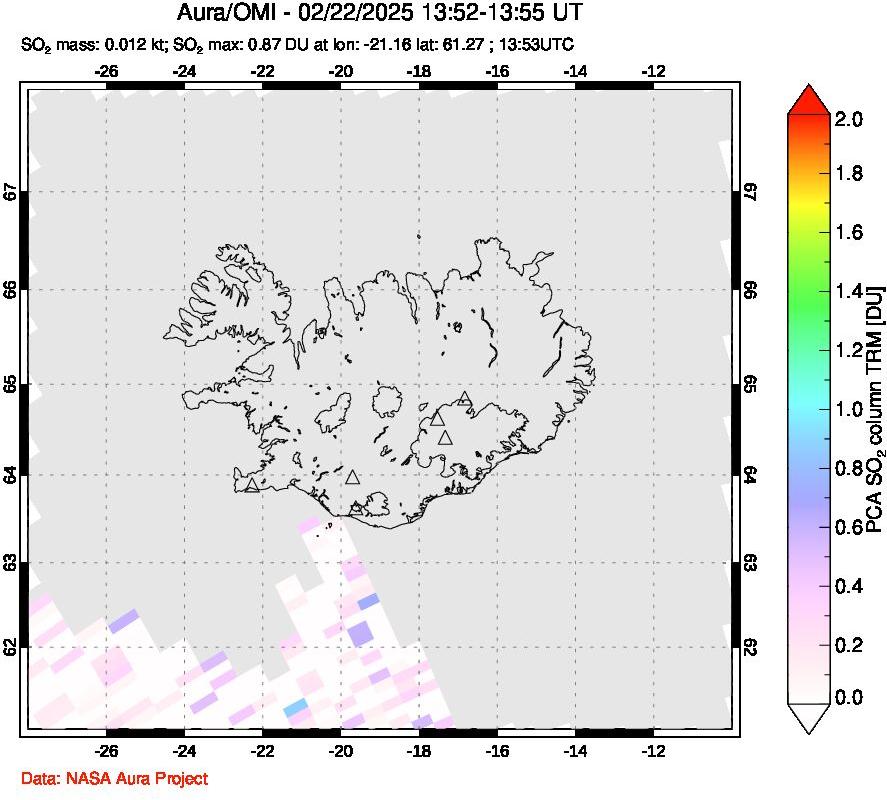 A sulfur dioxide image over Iceland on Feb 22, 2025.