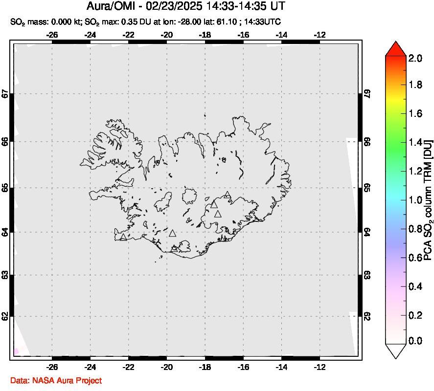 A sulfur dioxide image over Iceland on Feb 23, 2025.