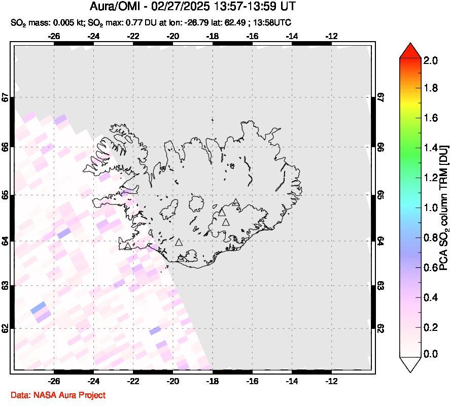 A sulfur dioxide image over Iceland on Feb 27, 2025.