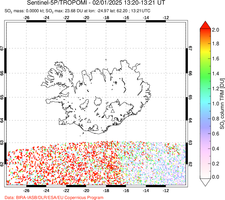 A sulfur dioxide image over Iceland on Feb 01, 2025.