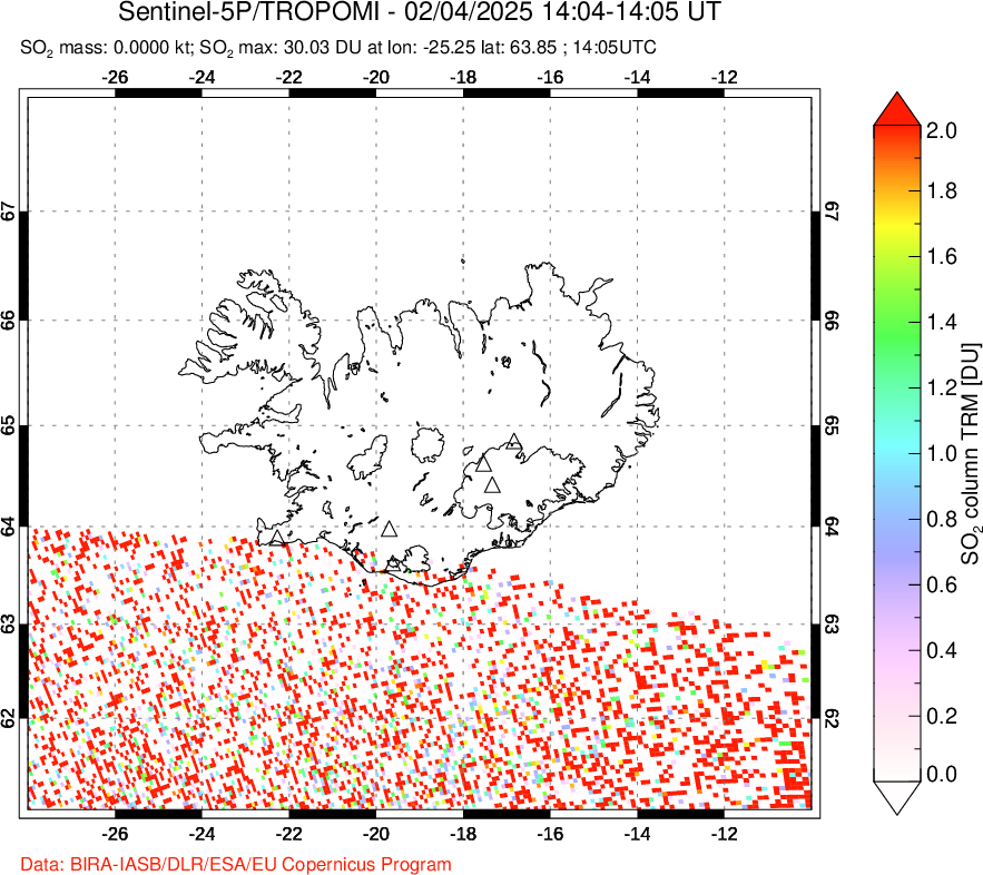 A sulfur dioxide image over Iceland on Feb 04, 2025.