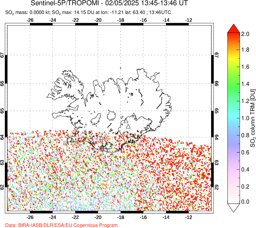 A sulfur dioxide image over Iceland on Feb 05, 2025.