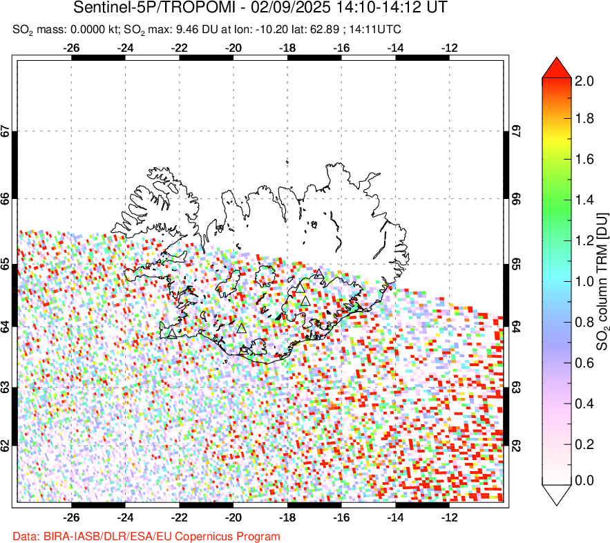 A sulfur dioxide image over Iceland on Feb 09, 2025.