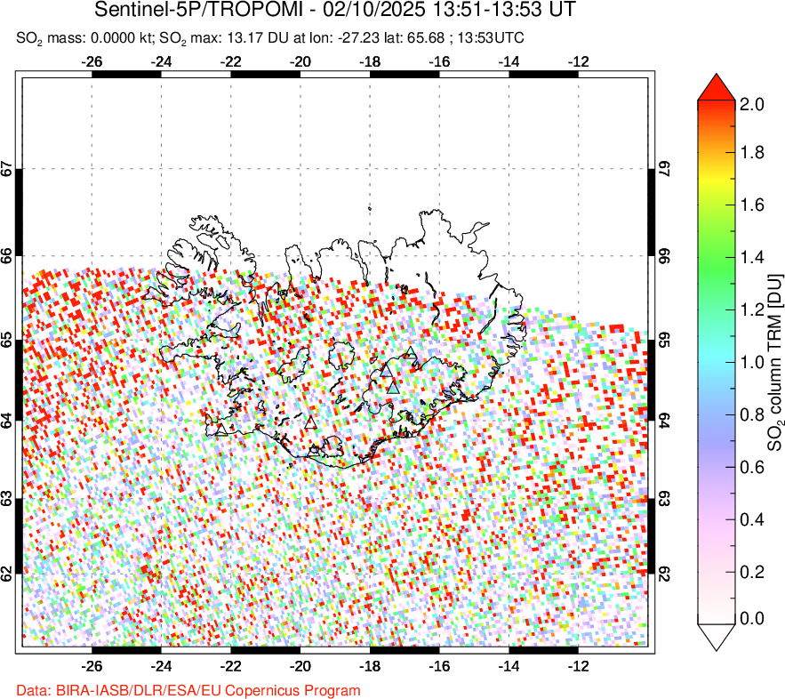 A sulfur dioxide image over Iceland on Feb 10, 2025.