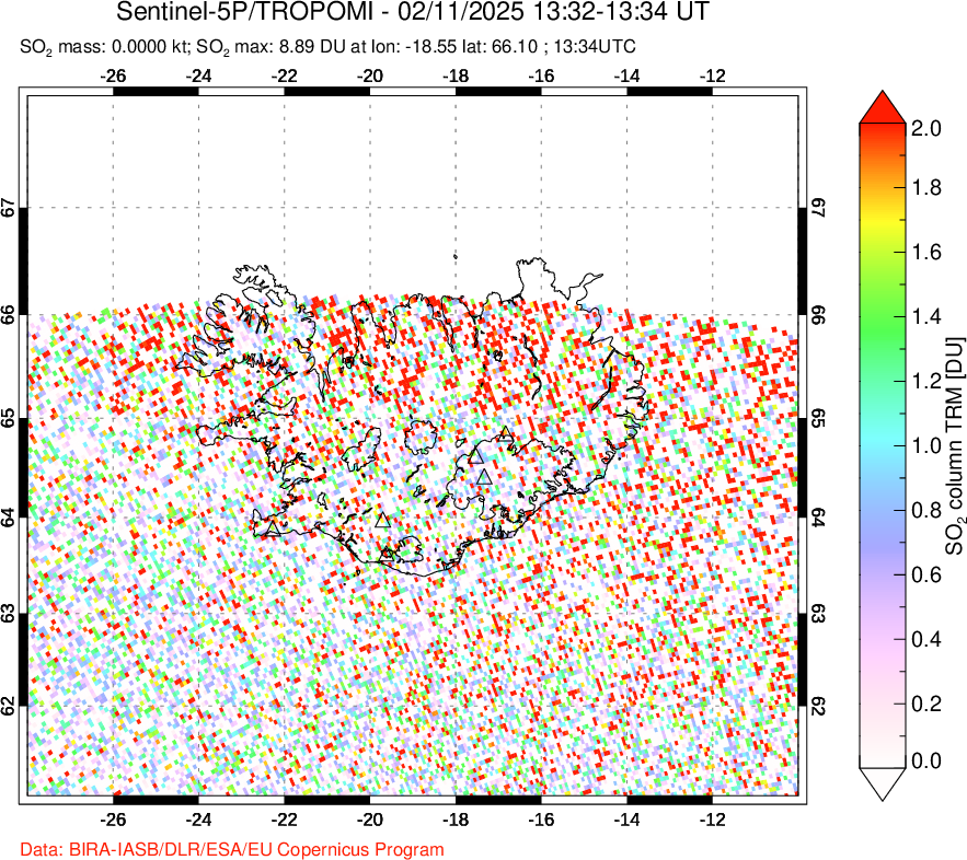 A sulfur dioxide image over Iceland on Feb 11, 2025.