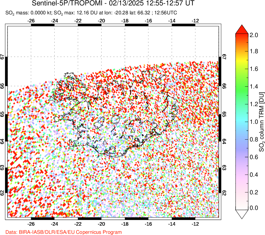 A sulfur dioxide image over Iceland on Feb 13, 2025.