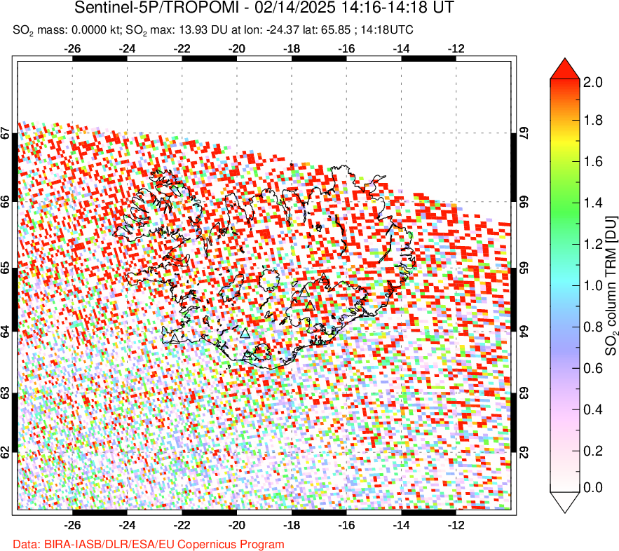 A sulfur dioxide image over Iceland on Feb 14, 2025.