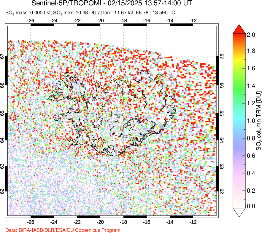 A sulfur dioxide image over Iceland on Feb 15, 2025.