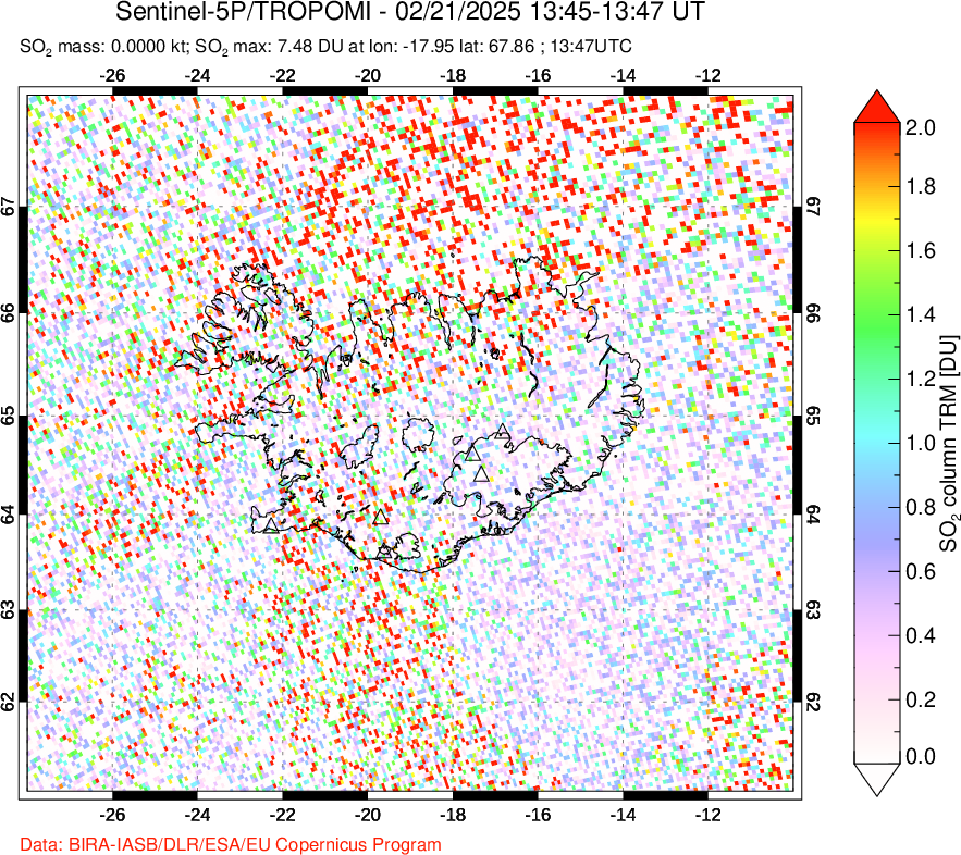 A sulfur dioxide image over Iceland on Feb 21, 2025.