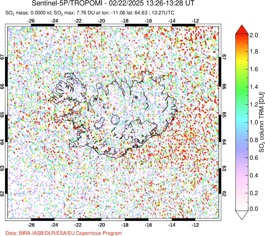 A sulfur dioxide image over Iceland on Feb 22, 2025.