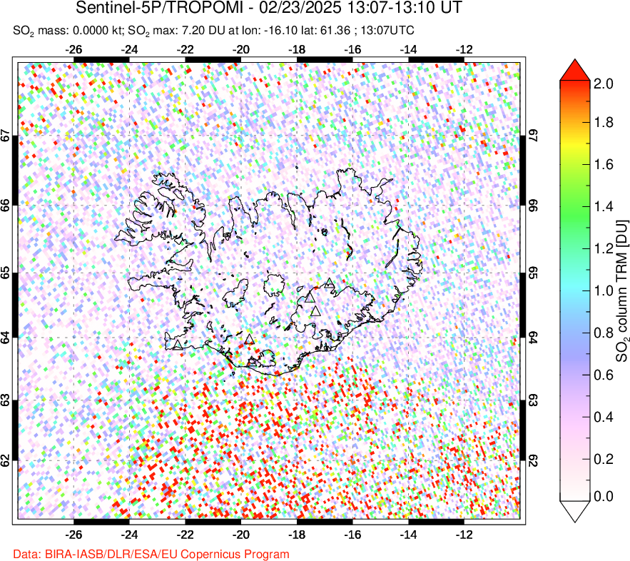 A sulfur dioxide image over Iceland on Feb 23, 2025.