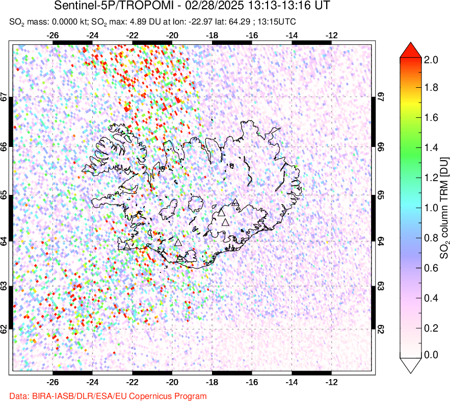 A sulfur dioxide image over Iceland on Feb 28, 2025.